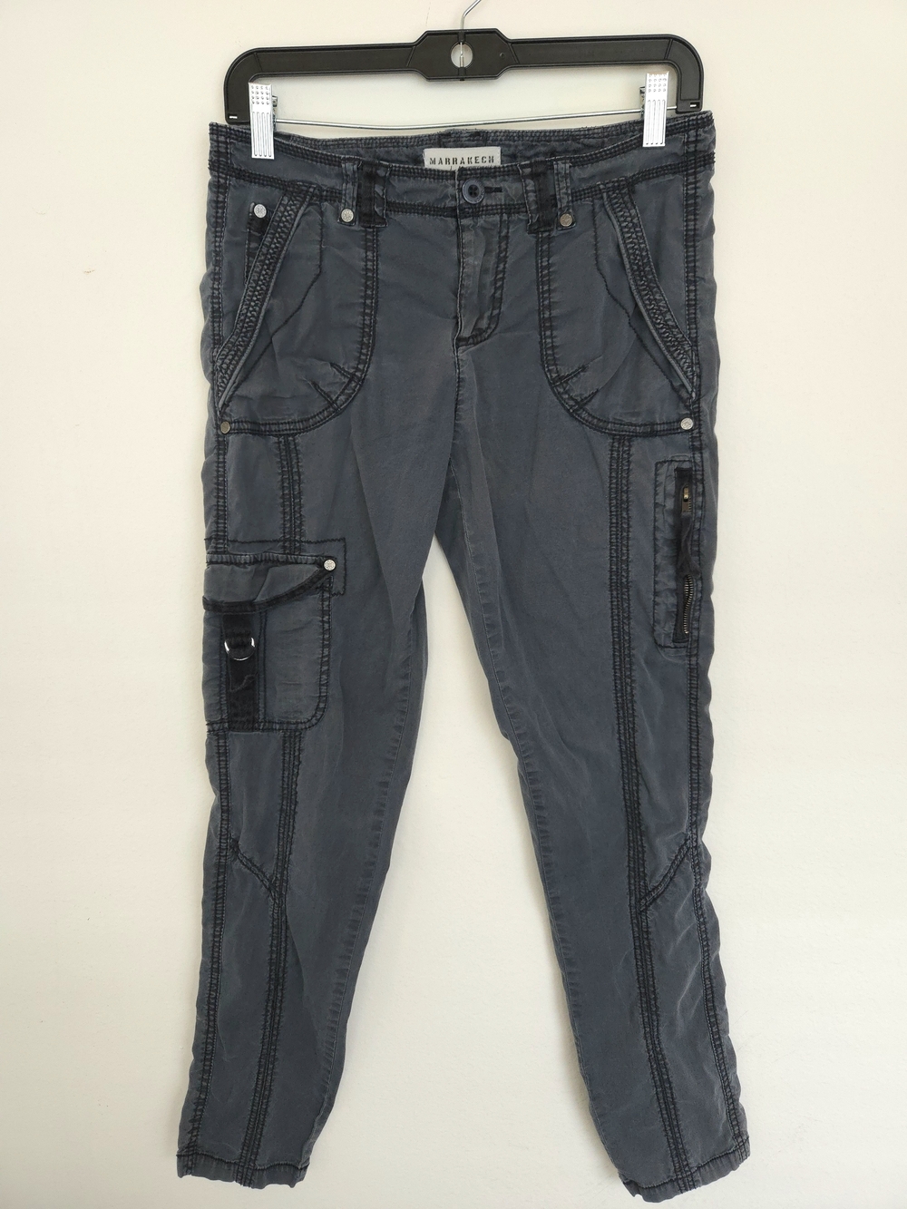 Marrakech Women's Cotton Stretch Skinny Cargo Jeans Navy Gray Stiching 27